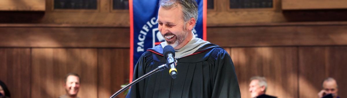 Head of School, David O'Neil, addressing Pacifica graduates at commencement ceremony