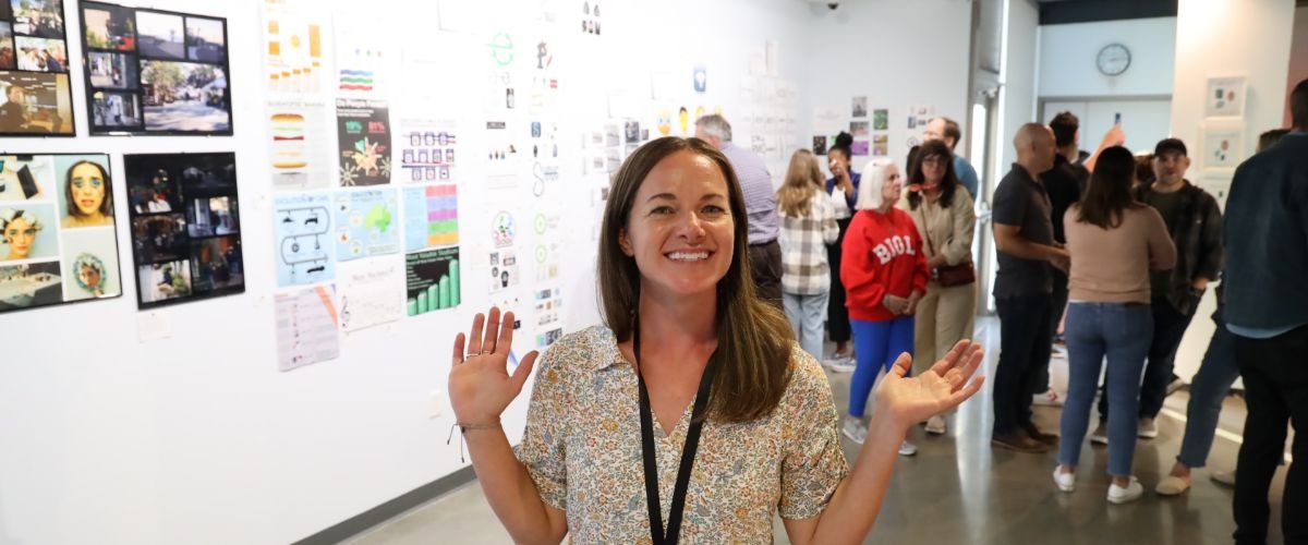 student at a Pacifica digital arts gallery